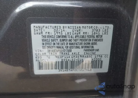 2014 Nissan Sentra Fe+ S/Fe+ Sv/S/Sl/Sr/Sv from USA, damaged, VIN 3N1AB7AP0EY217468